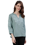 Ishin WomenS Cotton Sea Green Embroidered Top