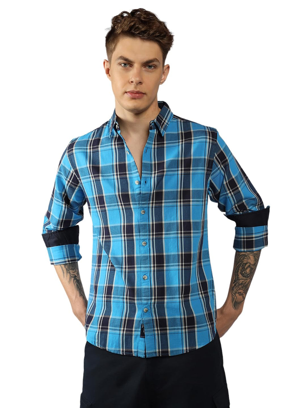 Dennis Lingo MenS| Blue| Full Sleeve| Spread Collar| Checkered| Relaxed Fit| Casual Shirt