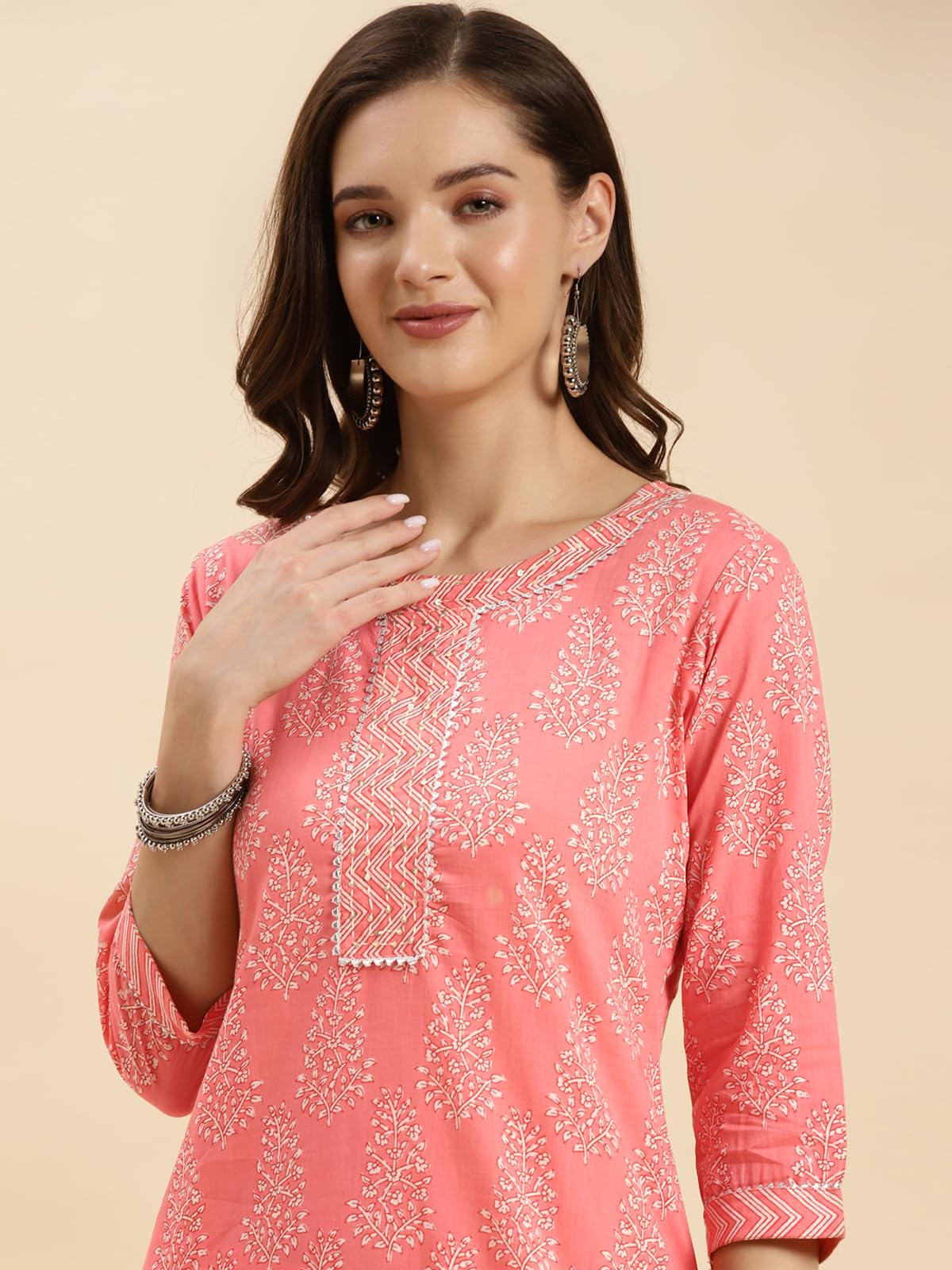Rangita Peach Cotton Printed Straight Kurta With Pant | Kurta Set For Women_M