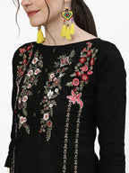 Ishin Women'S Pure Cotton Straight Embroidered Thread Work Floral Print Black Kurta Suit Set With Trouser