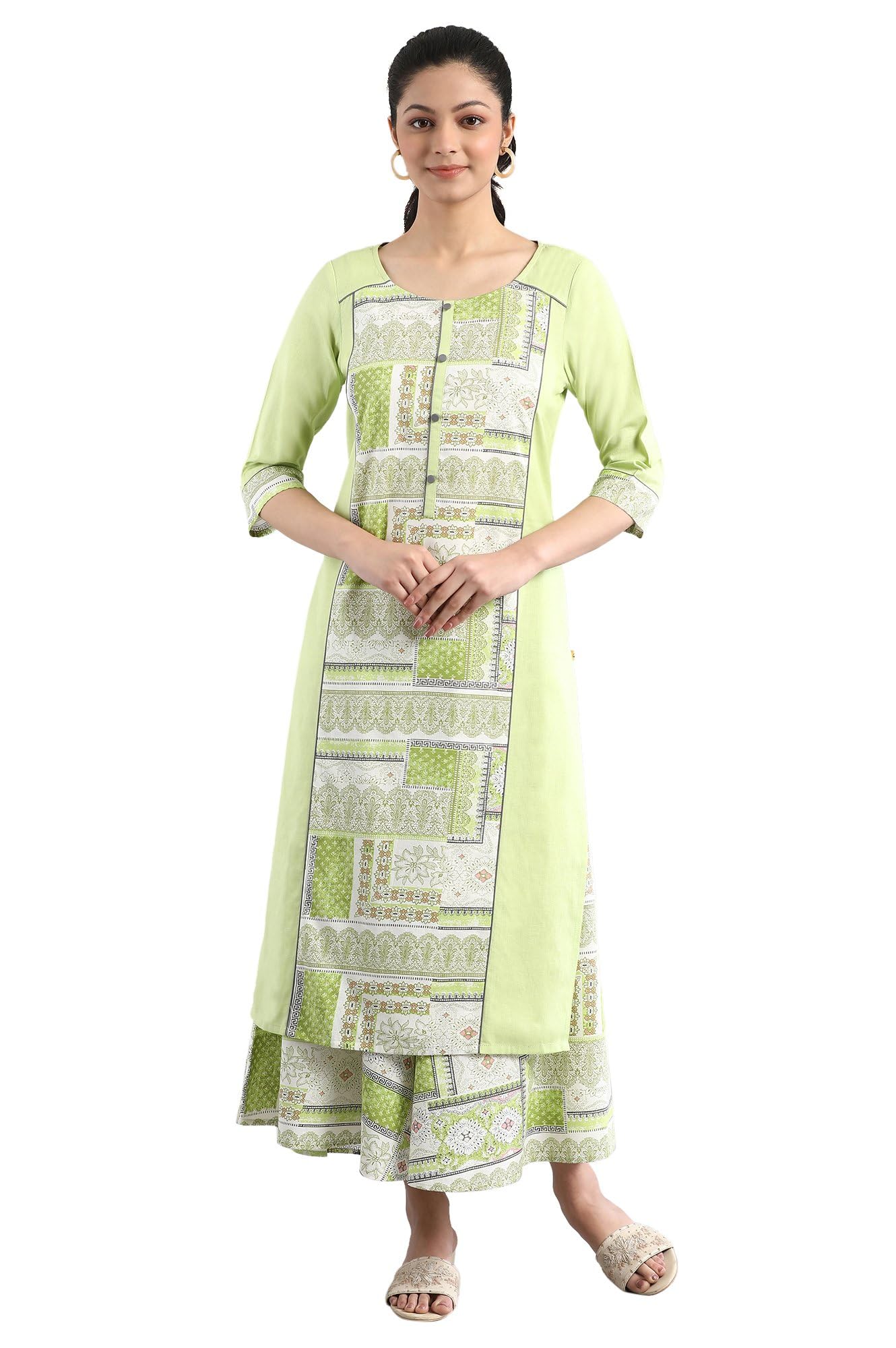Aurelia Printed Round Neck Cotton Flax Womens Kurta Set (S21Au01502659005, Green, Medium)