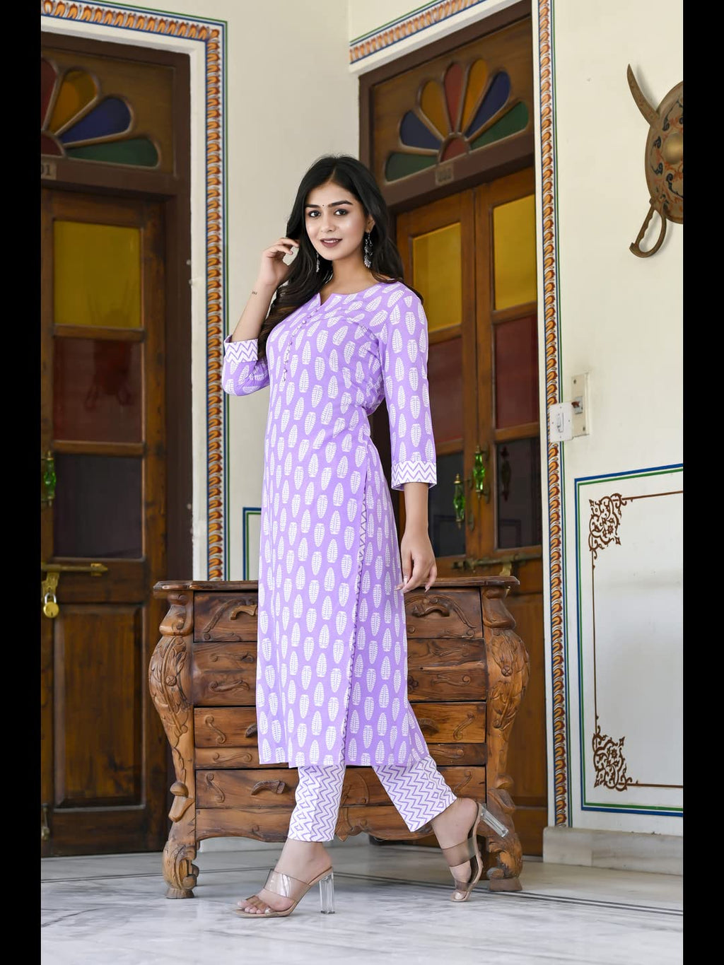 Gosriki Women'S Cotton Blend Traditional Straight Printed Kurta And Pant Set (Danapa Purple-Cmd-Gs)