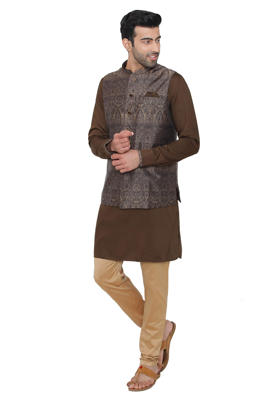 Manyavar MenS Silk Blend Kurta Chudidar (Jast132_Brown_L)