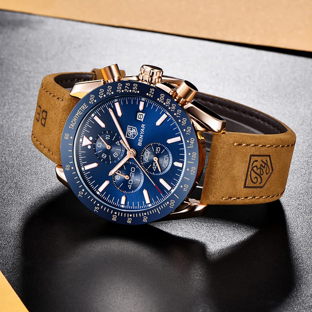 BENYAR Mens Watches Quartz Chronograph Business Luxury Brand Waterproof Wristwatches Fashion Brown Leather Watches for Men (Brow