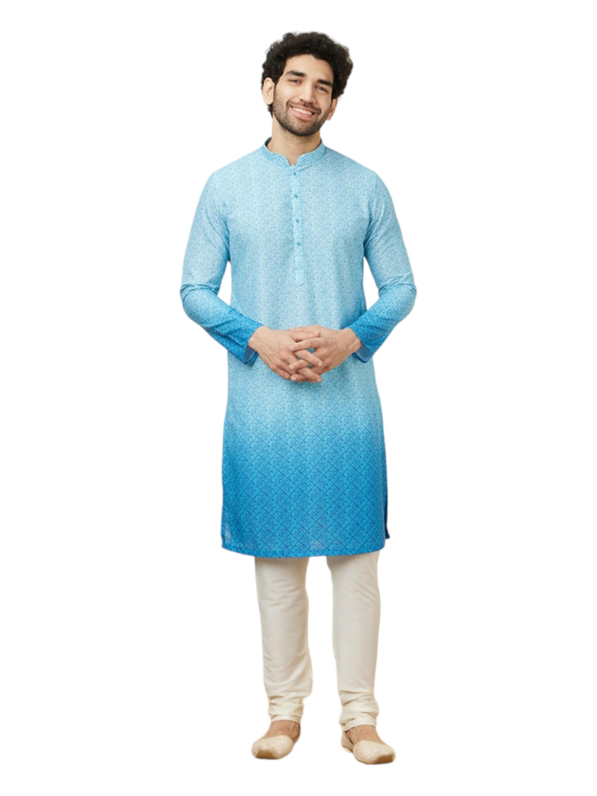 Manyavar Mens Light Blue Blended Cotton Kurtas