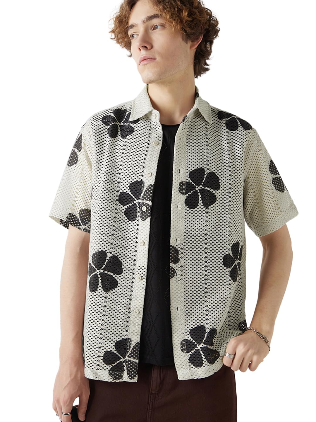Bewakoof Mens Textured Oversized Fit Half Sleeve Resort Collar Cotton Blend Crochet Shirt_648490_Beige_XL