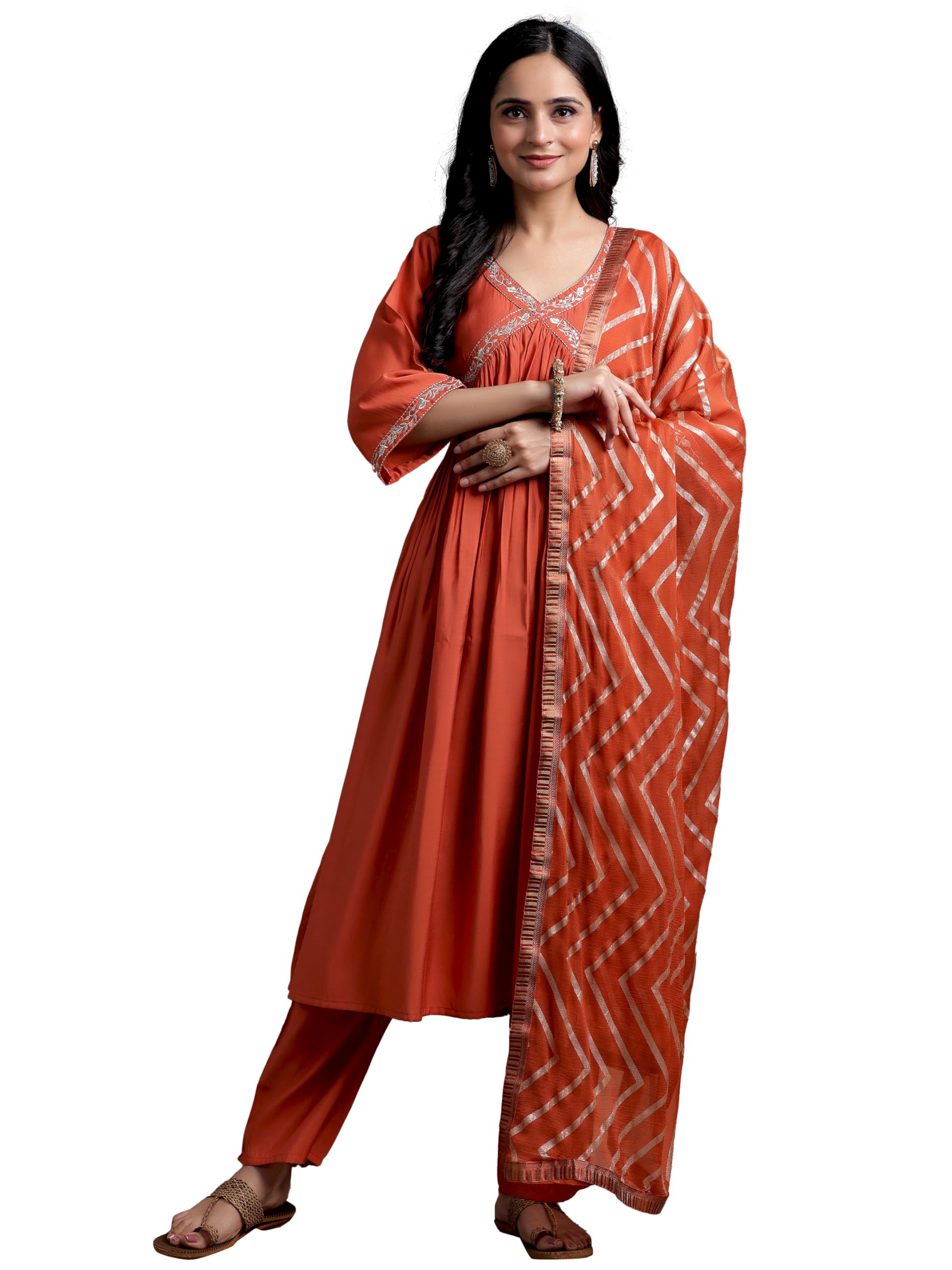 Libas Gerua Womens Solid Silk Blend A-Line Kurta With Trousers And Dupatta