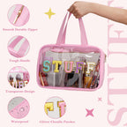 Yowivon Clear Stuff Tote Bag Pink Big Travel Cosmetic Makeup Toiletry Bag with Handle and Zipper, Transparent Waterproof Beach S