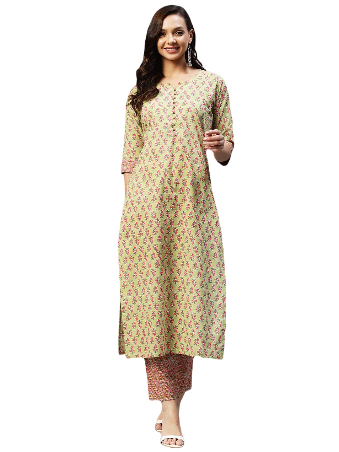 ANNI DESIGNER Womens Cotton Blend Straight Printed Kurta with Pant (Padwil Green_L_ Green_Large)