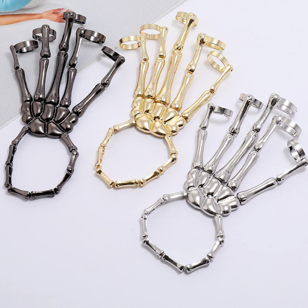 Caiyao Gothic Halloween Skull Skeleton Metal Fingers Hand Bone Bracelet with Adjustable Ring Wristband Handmade Punk Jewelry for