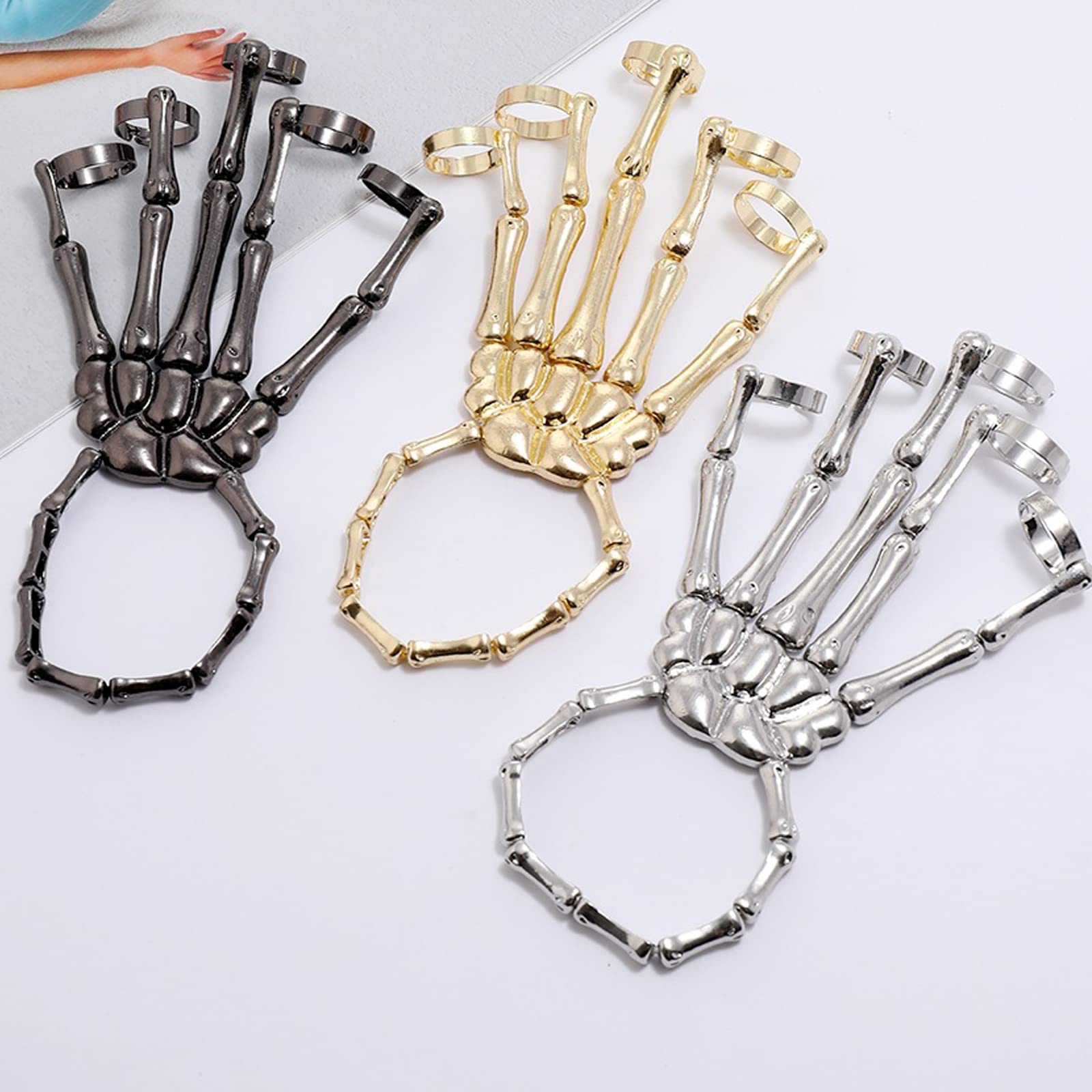 Caiyao Gothic Halloween Skull Skeleton Metal Fingers Hand Bone Bracelet with Adjustable Ring Wristband Handmade Punk Jewelry for
