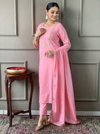 Naixa Womens Viscose Embroidered Straight Kurta with Viscose Pant and Silk Blend Printed Dupatta Sets