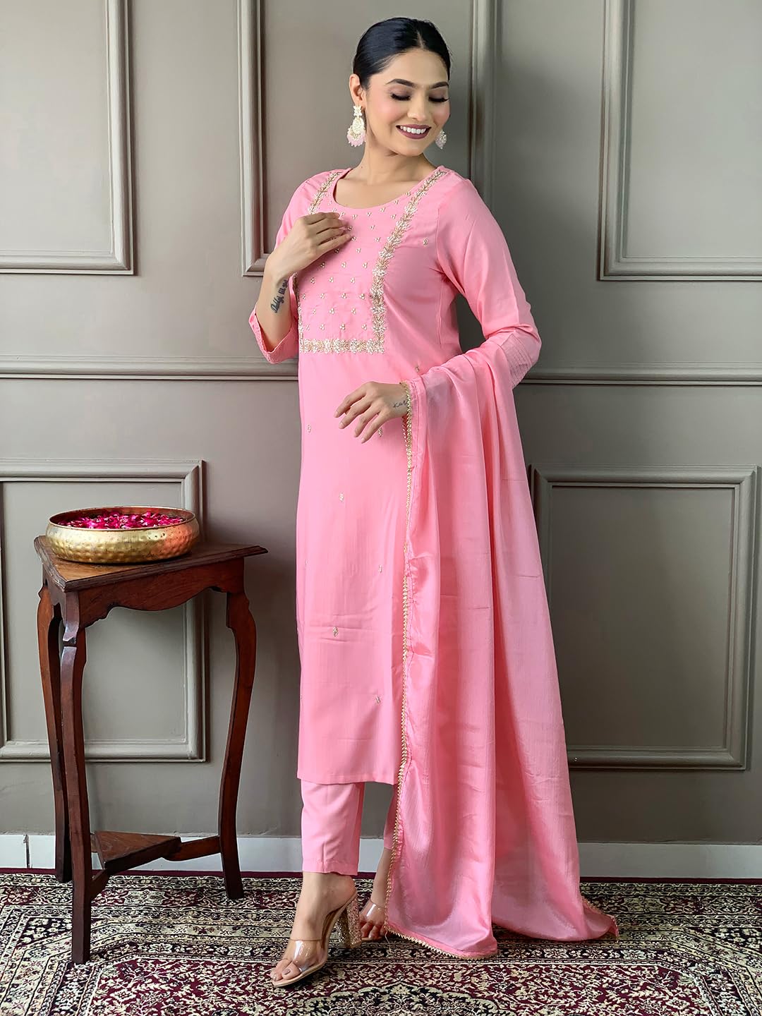 Naixa Womens Viscose Embroidered Straight Kurta with Viscose Pant and Silk Blend Printed Dupatta Sets