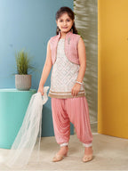 Aarika Girls Ethnic Wear White-Peach Colour Sequin Embroidery Lace Work Silk Kurti Patiala With Jacket (4-10 Years)