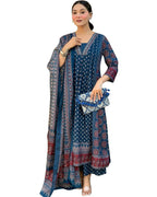 Toochki Women Printed Anarkali Kurta and Pant Set with Dupatta Teal Blue