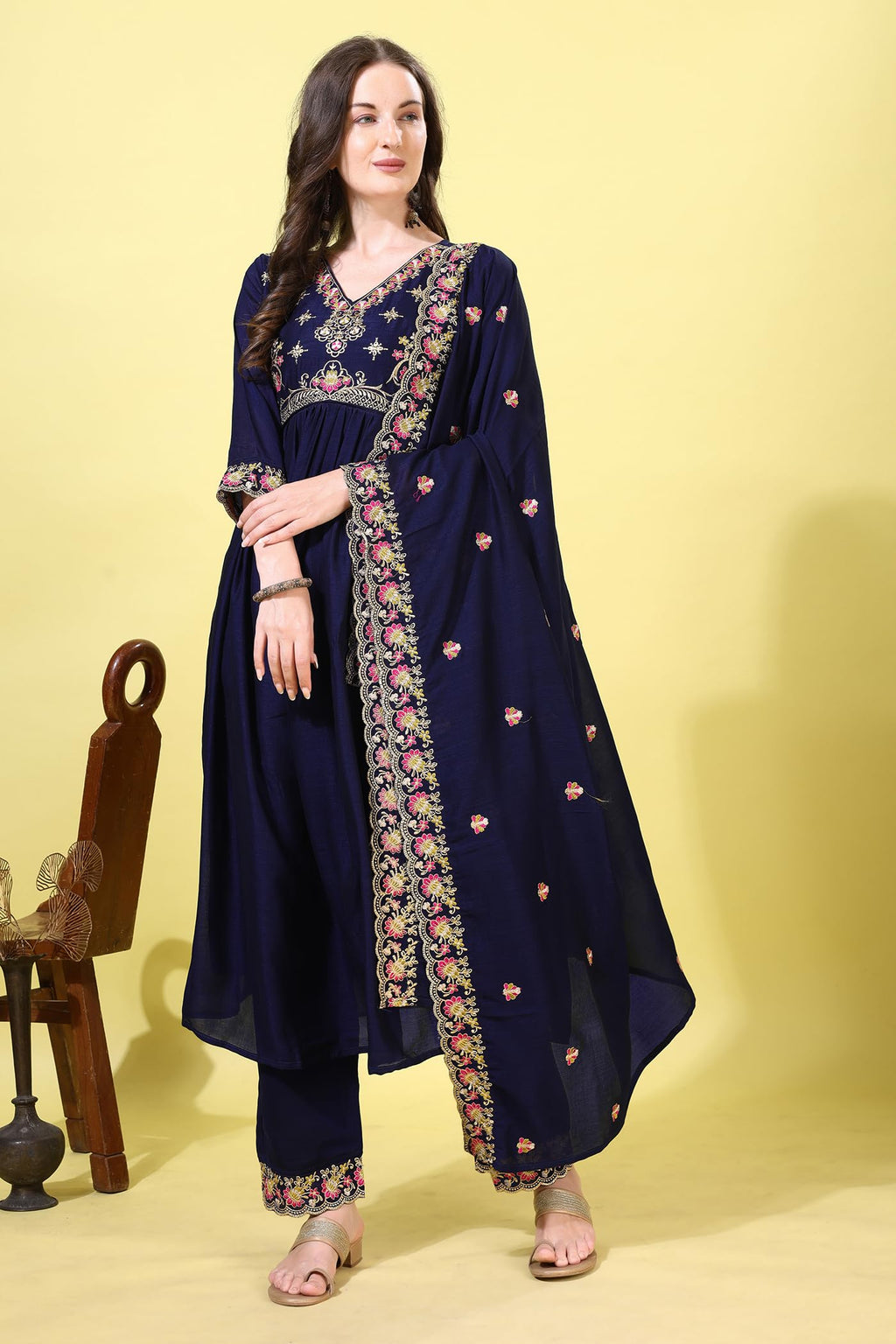 Pratham Blue WomenS Silk Embroidered Anarkali Kurta Palazzos With Dupatta |Kurta Set For Women |Women Kurta |Women Embroidered