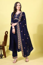 Pratham Blue WomenS Silk Embroidered Anarkali Kurta Palazzos With Dupatta |Kurta Set For Women |Women Kurta |Women Embroidered