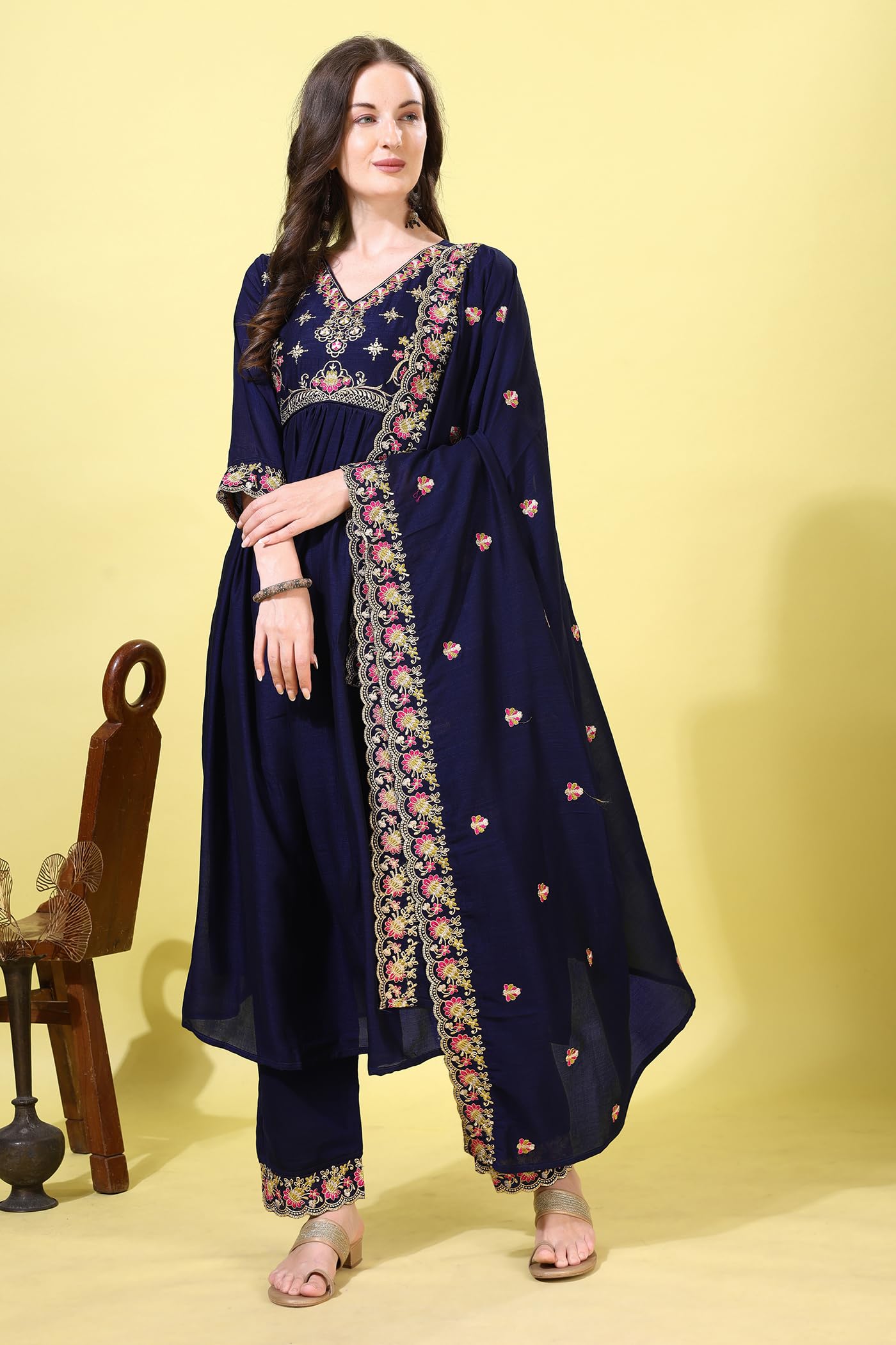 Pratham Blue WomenS Silk Embroidered Anarkali Kurta Palazzos With Dupatta |Kurta Set For Women |Women Kurta |Women Embroidered