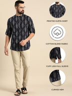 Zombom MenS Cotton Blend Solid Regular Fit Full Sleeve Printed Short Kurta | Ethnic, Lightweight Summer Kurta For Daily & Occas
