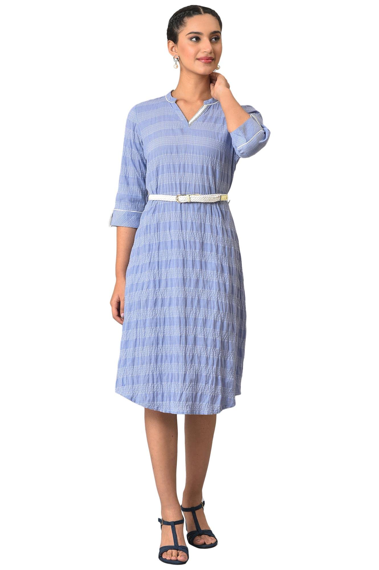 Aurelia Womens Cotton Blue Geometric Band Collar Straight Kurta_23FEA13423-703417_XL