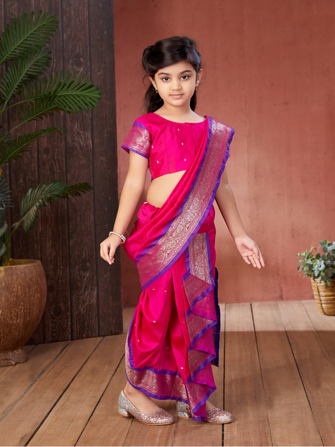 Aarika Girls Ethnic Wear Rani Colour Mastani Silk Saree (3-9 Years)