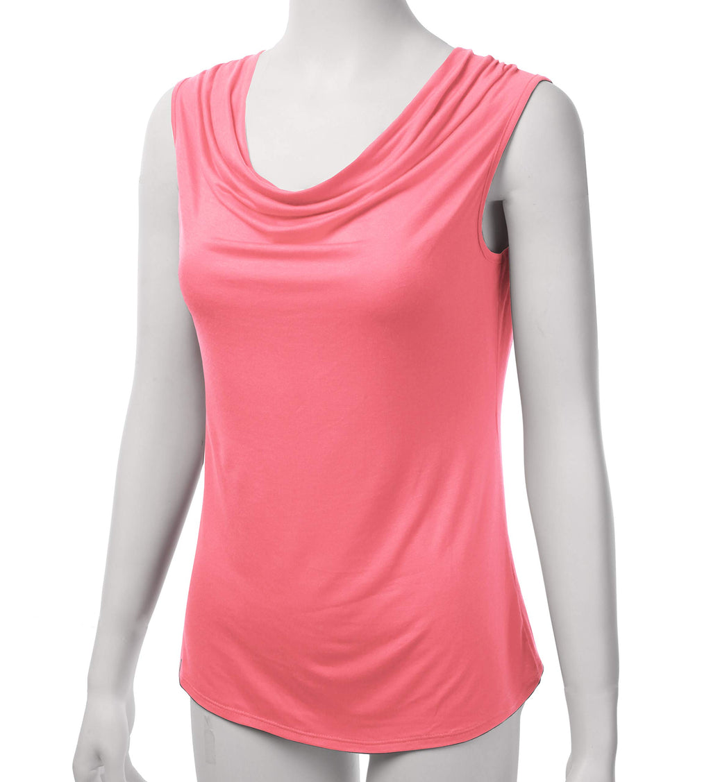 FASHIONOLIC Women's Cowl Neck Ruched Draped Sleeveless Stretchy Blouse Casual Tank Top (Made in USA) (PHI419) Coral L