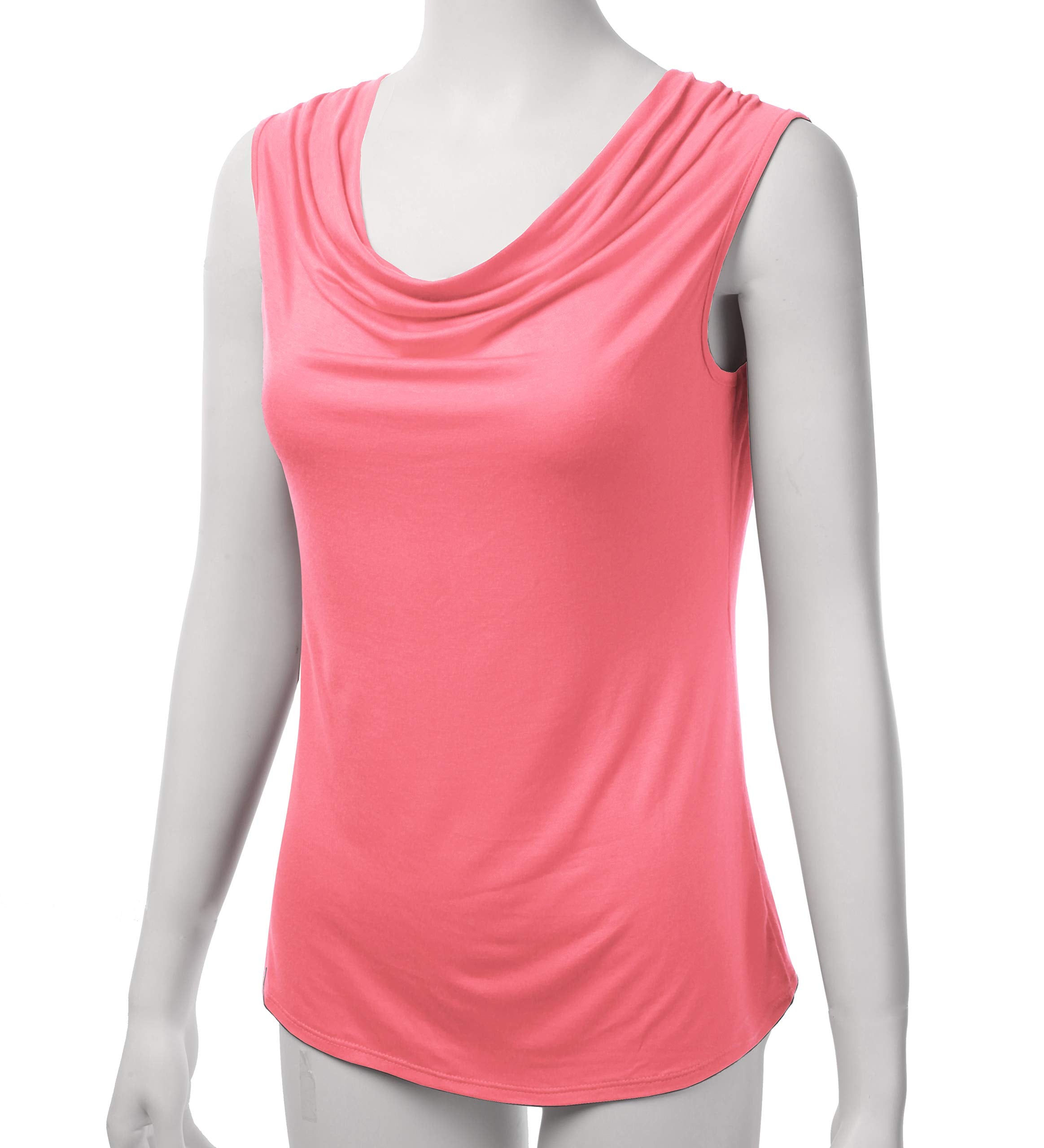 FASHIONOLIC Women's Cowl Neck Ruched Draped Sleeveless Stretchy Blouse Casual Tank Top (Made in USA) (PHI419) Coral L