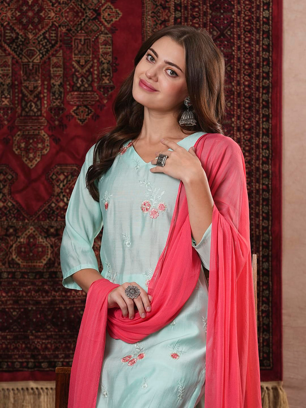 ANNI DESIGNER Women s Rayon Blend Kurta with Pants and Dupatta, Green, S