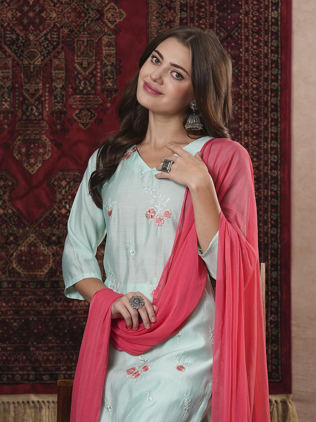 ANNI DESIGNER Women s Rayon Blend Kurta with Pants and Dupatta, Green, S