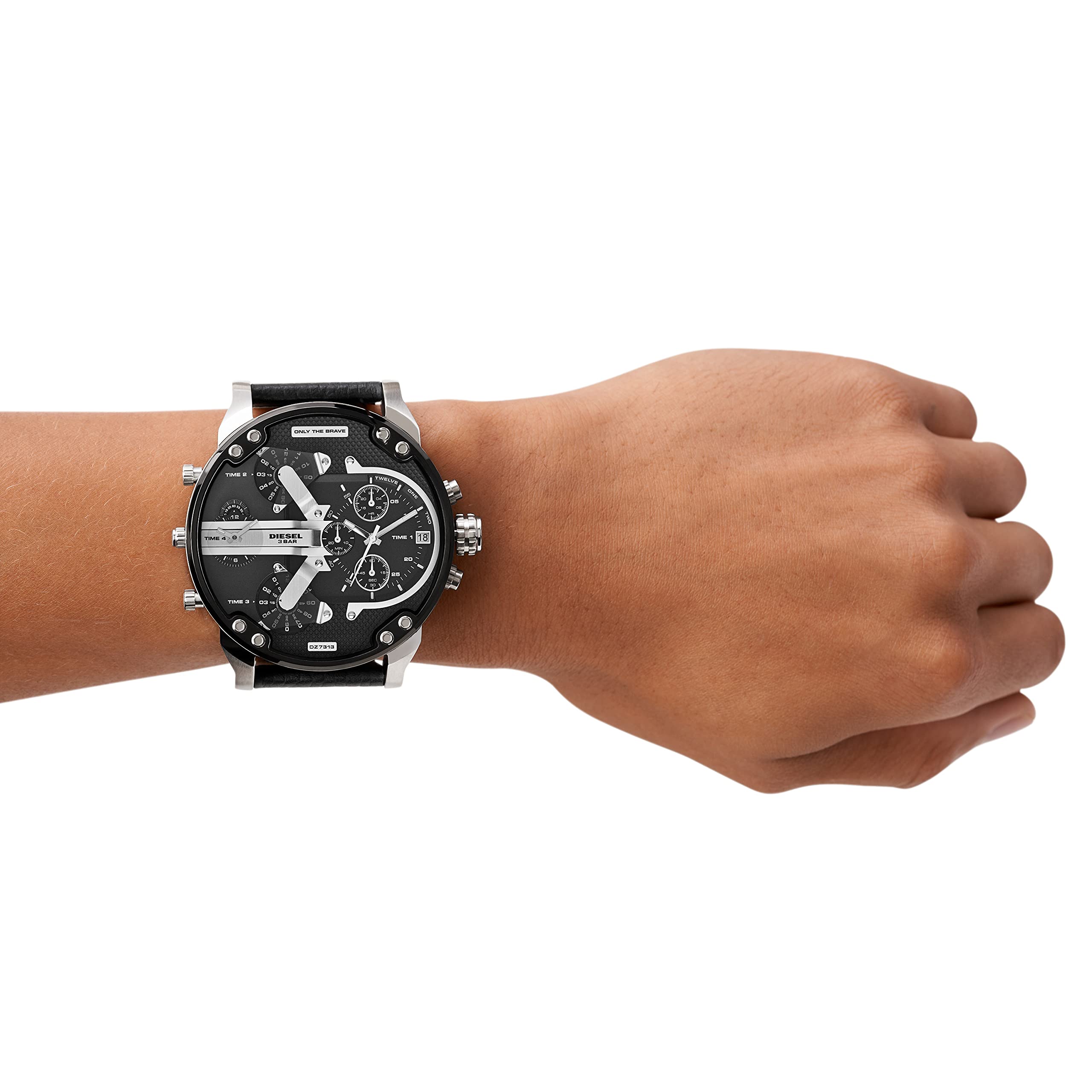 Diesel Mr. Daddy 2.0 Stainless Steel and Leather Chronograph Men's Watch, Color: Black/Silver (Model: DZ7313)