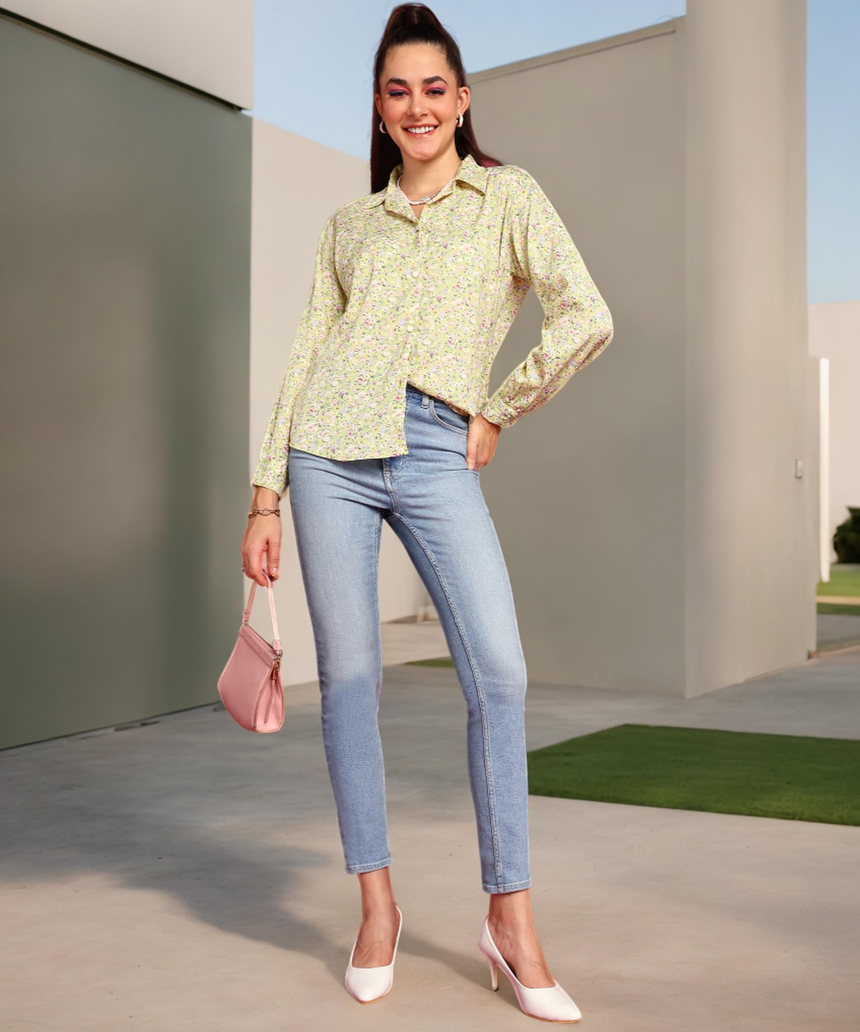 POPWINGS Printed Full-Sleeves Regular-Fit Polyester Printed Shirt for Women Stylish Western Casual Wear