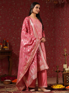 ishin Womens Poly Silk Ethnic Motifs Pink Straight Kurta Suit Set with Trousers & Dupatta