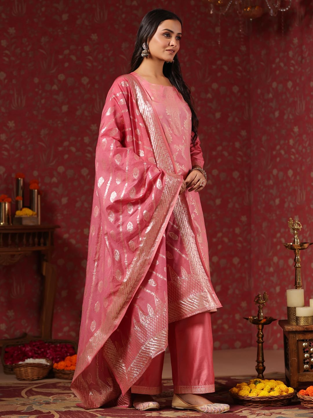 ishin Womens Poly Silk Ethnic Motifs Pink Straight Kurta Suit Set with Trousers & Dupatta