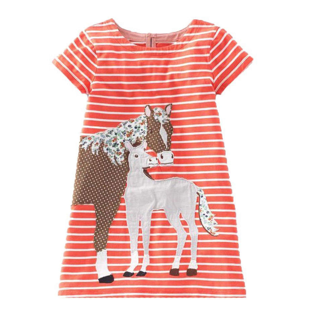 Youlebao Girls Cotton Long Sleeve Casual Cartoon Appliques Striped Jersey Dresses (6T, Orange Horse)