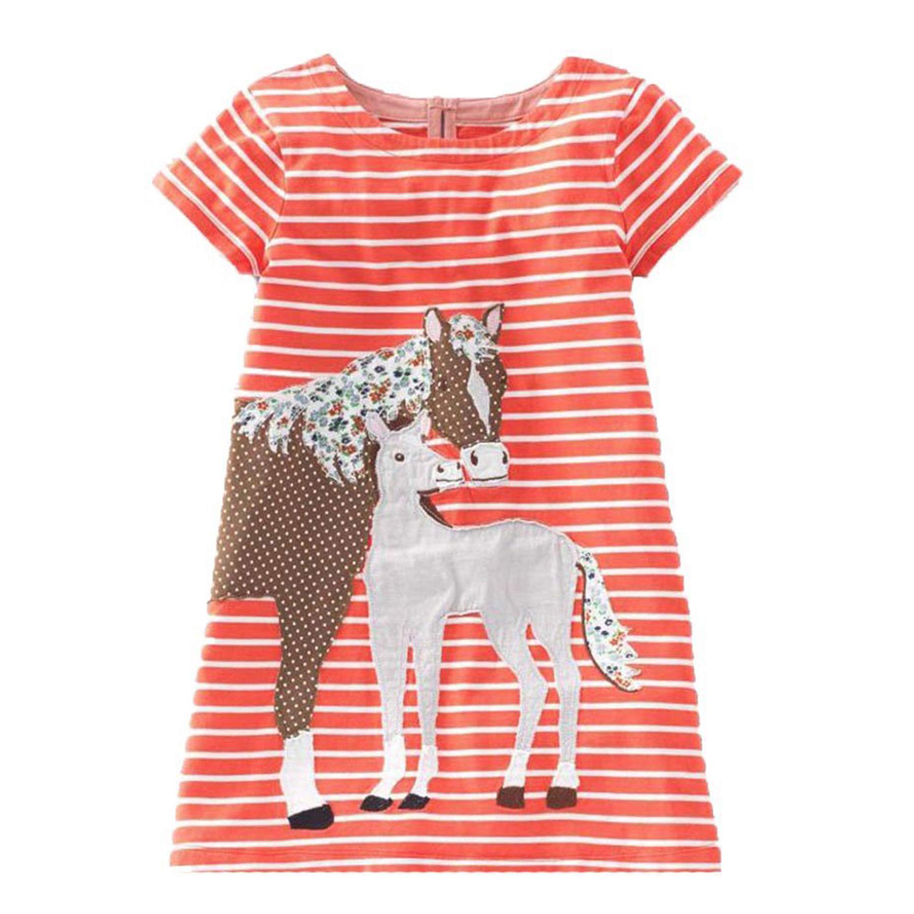 Youlebao Girls Cotton Long Sleeve Casual Cartoon Appliques Striped Jersey Dresses (6T, Orange Horse)