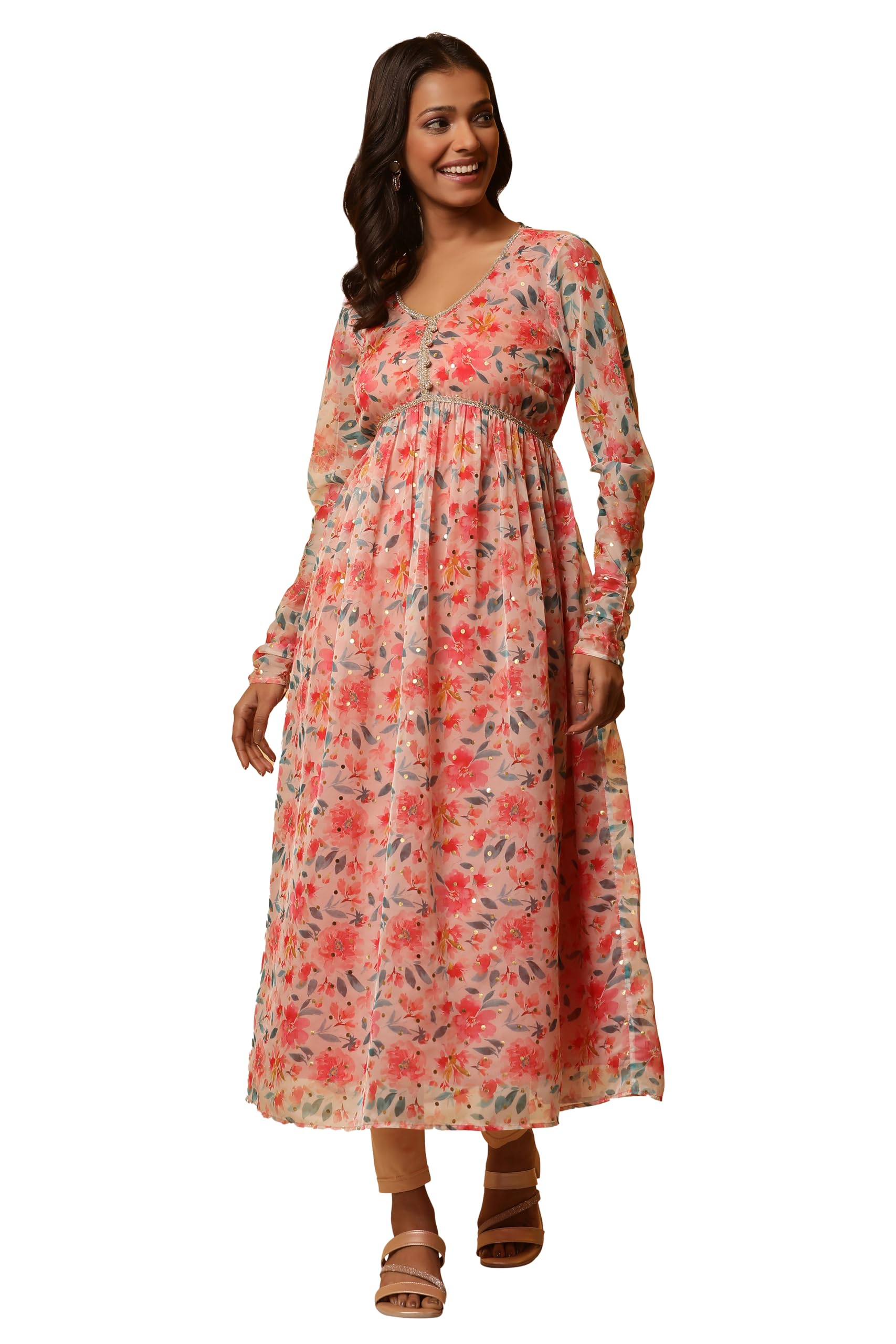 Aurelia Women Pink Floral Print Viscose Flared Kurta_24FEA15217_2XL