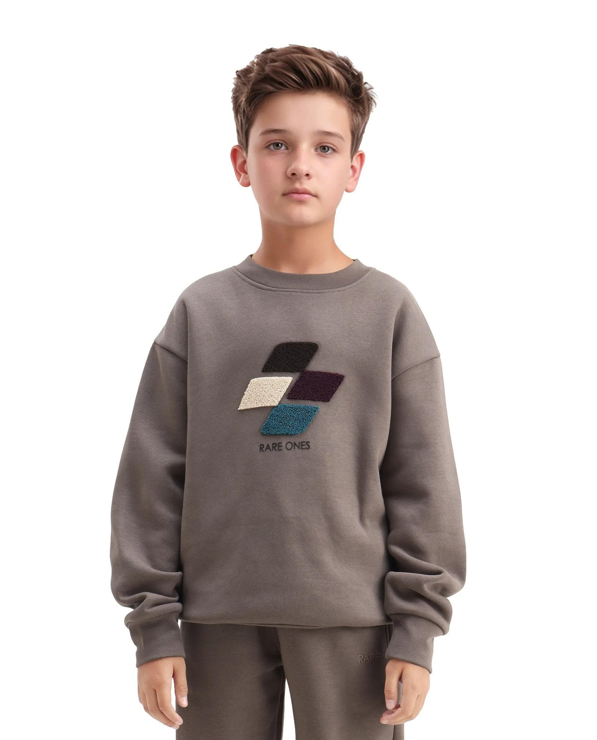 Rare Ones Kids Drew Light Grey Cotton Blend Embroidered Oversized Sweatshirt, Grey, 1314Y 13-14