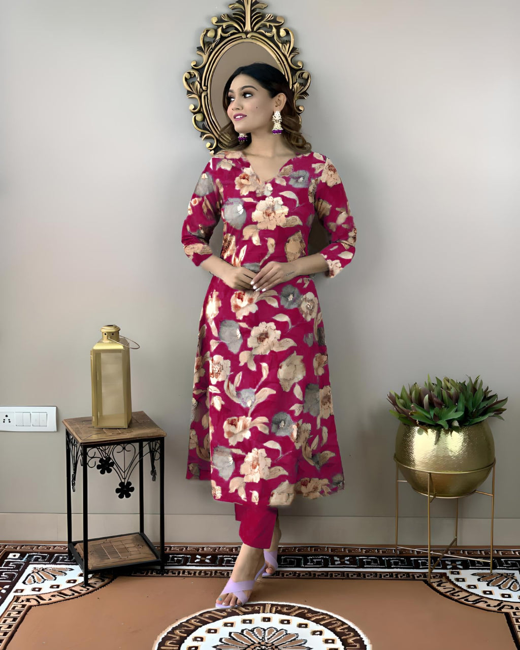 ANNI DESIGNER Womens Cotton Blend Straight Printed Kurta with Pant (DHUN Pink_L_Pink_Large)