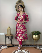 ANNI DESIGNER Womens Cotton Blend Straight Printed Kurta with Pant (DHUN Pink_L_Pink_Large)