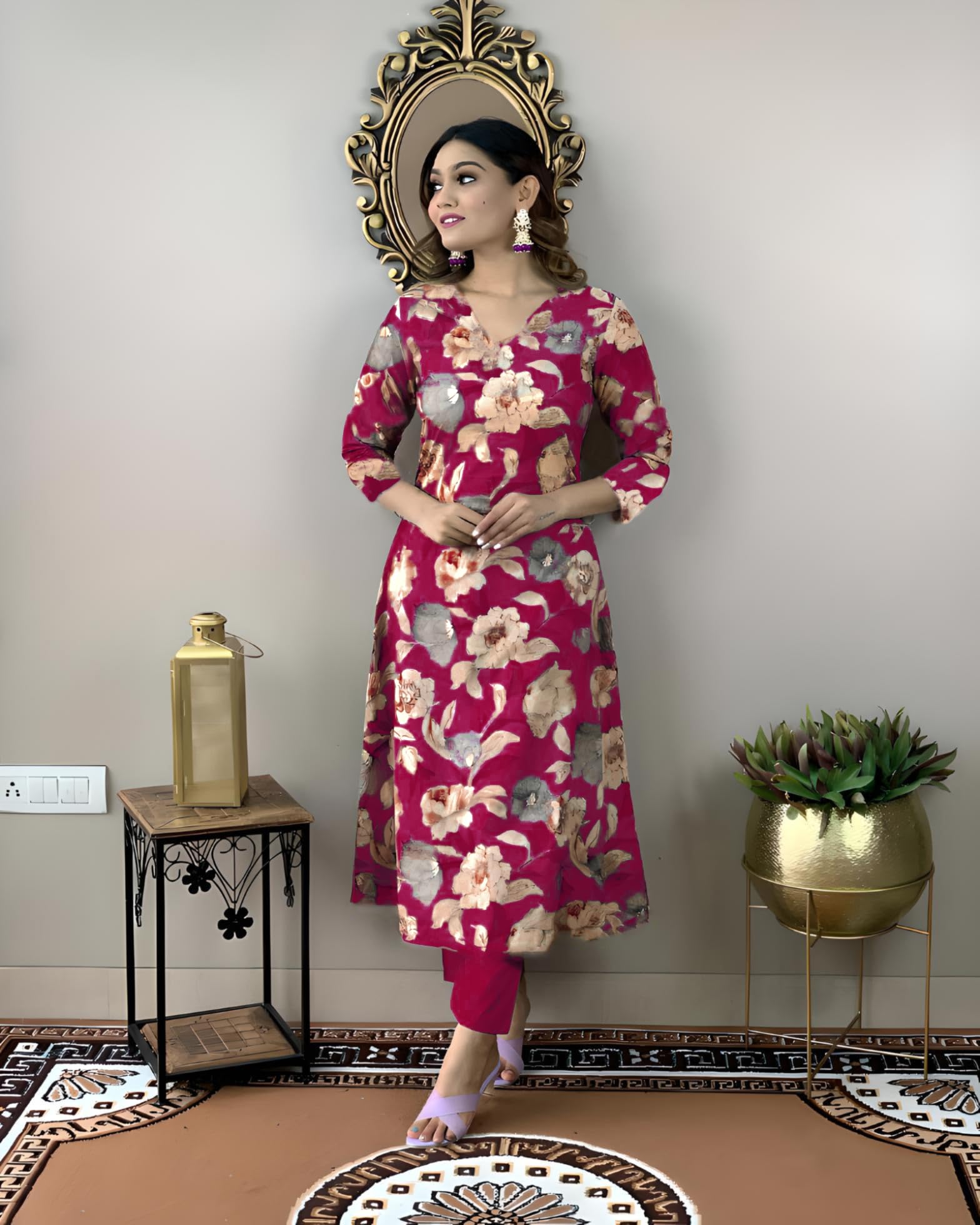 ANNI DESIGNER Womens Cotton Blend Straight Printed Kurta with Pant (DHUN Pink_L_Pink_Large)