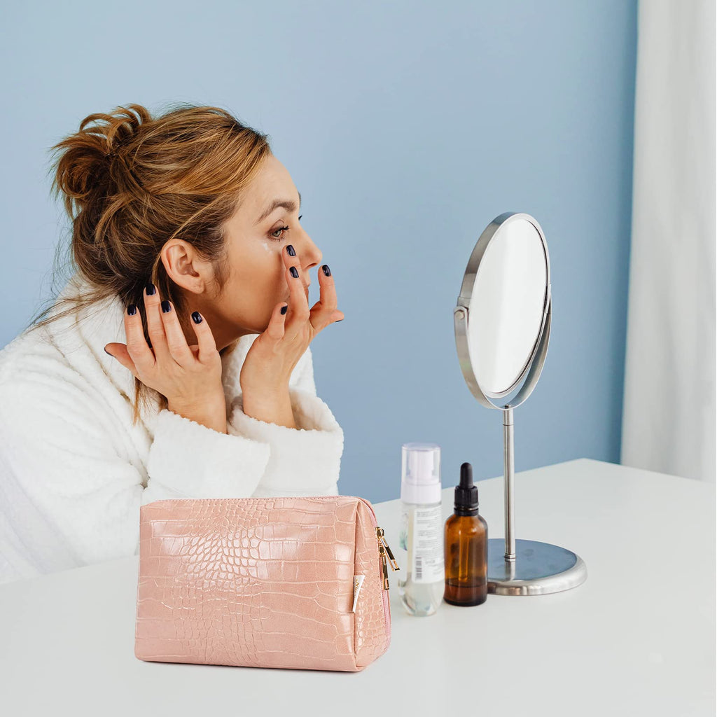 Narwey Large Vegan Leather Makeup Bag Zipper Pouch Travel Cosmetic Organizer for Women (Large, WX-Pink)