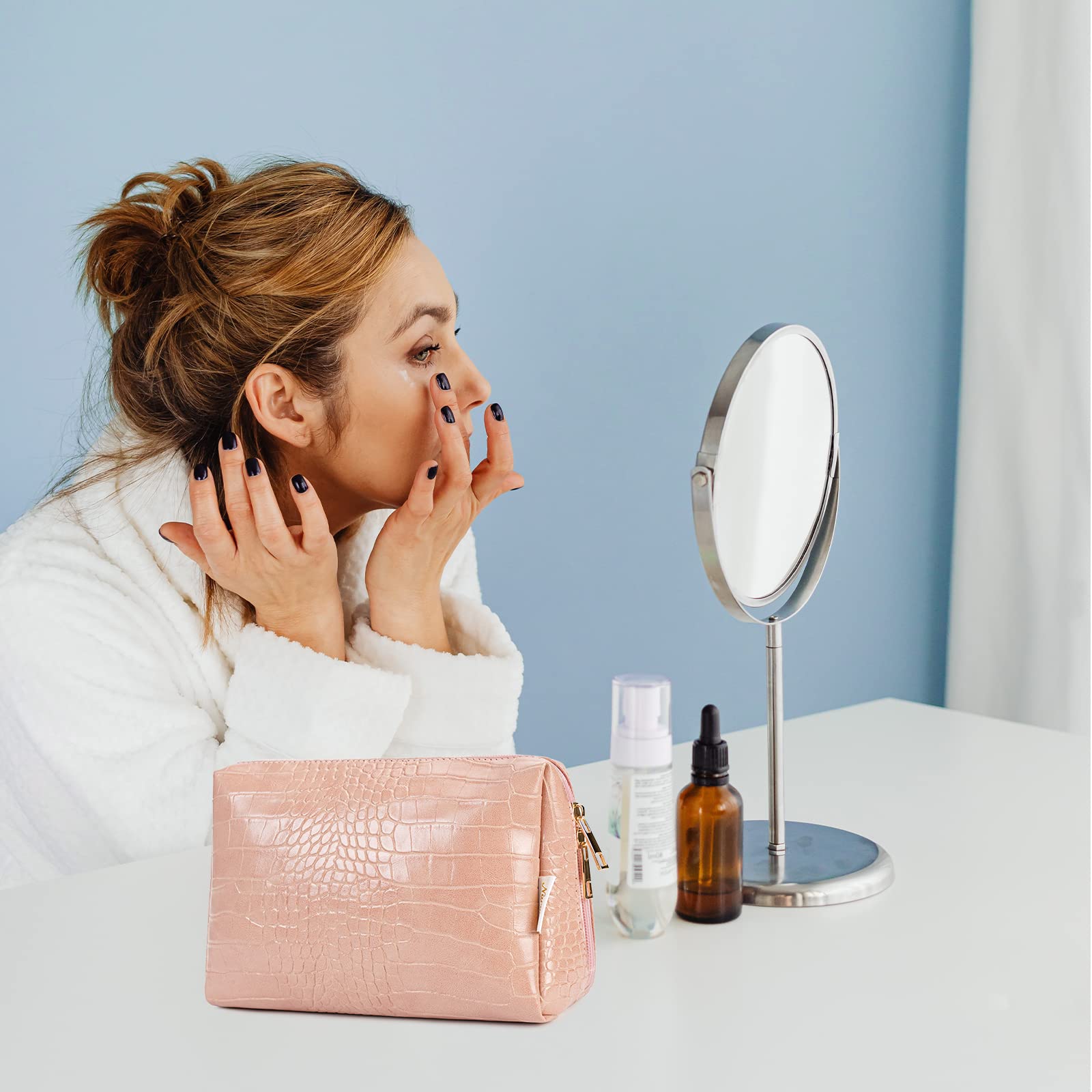 Narwey Large Vegan Leather Makeup Bag Zipper Pouch Travel Cosmetic Organizer for Women (Large, WX-Pink)