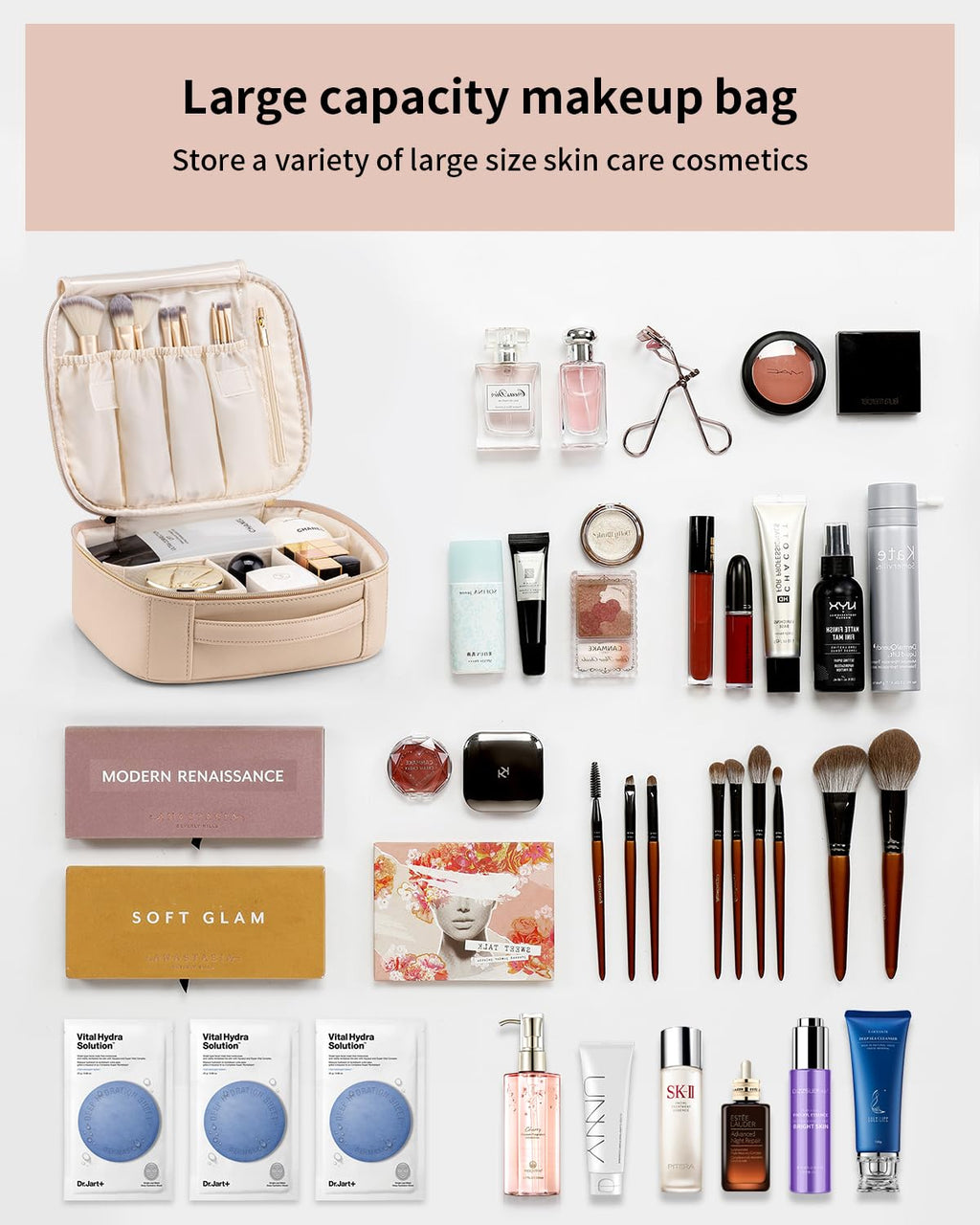 Vlando Travel Makeup Bag, Large Capacity Cosmetic Bag for Women PU Leather Makeup Case Organizer Portable Make up Bag with Divid