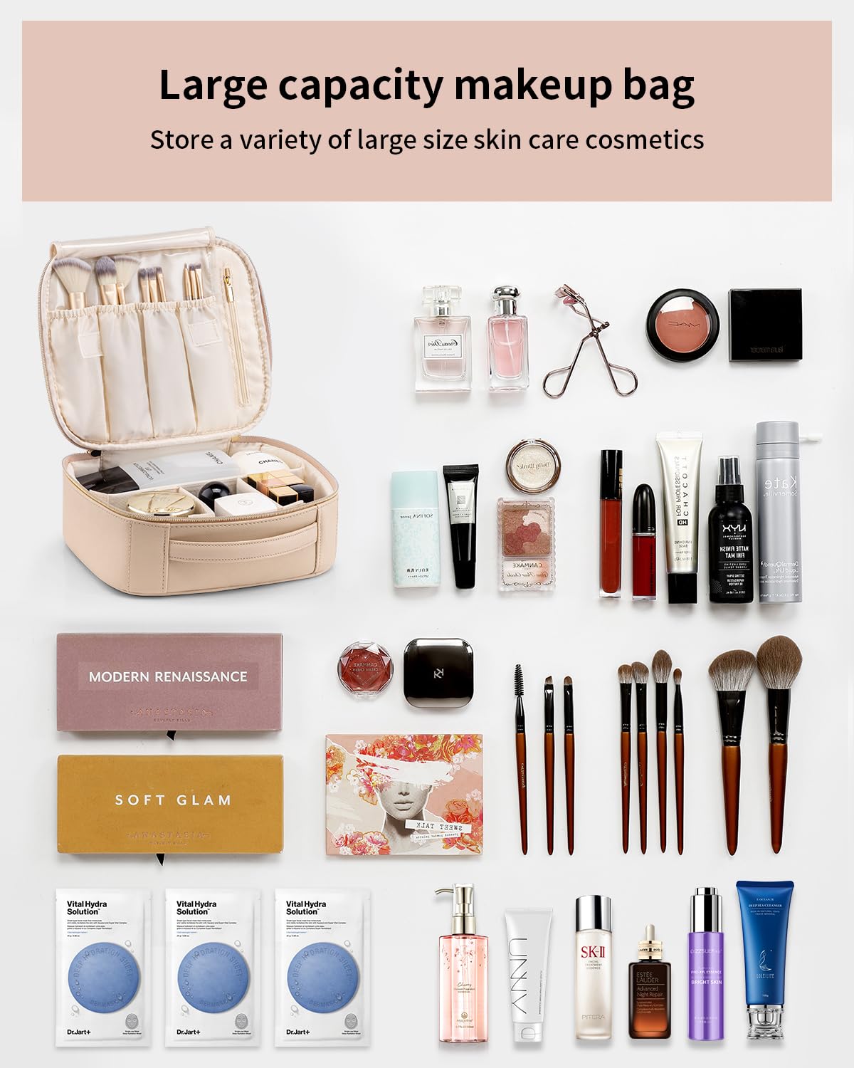 Vlando Travel Makeup Bag, Large Capacity Cosmetic Bag for Women PU Leather Makeup Case Organizer Portable Make up Bag with Divid