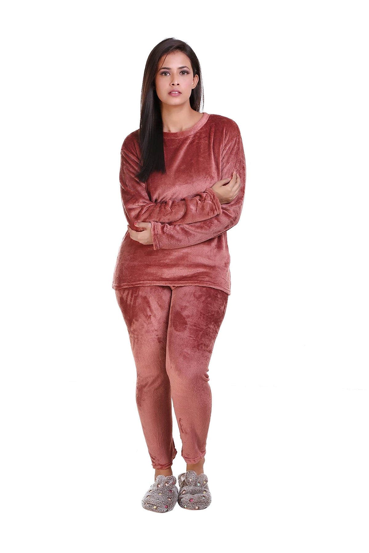 MUKHAKSH (Pack of 1 Set = 1 Pyjamas + 1 Top Girls Plain Dark Apricot Winter Woolen Fleece Night Suit (1718 Year) Very Comfortal 17-18