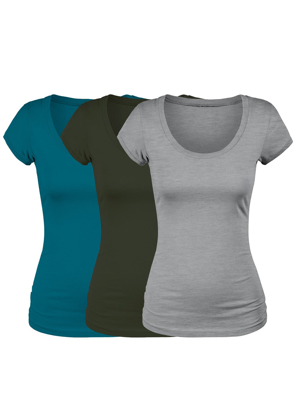 Emmalise Women's Short Sleeve Tshirt Scoop Neck Tee Value Set (3Pk, Olive, Deep Jungle, HTH Gry, Small)