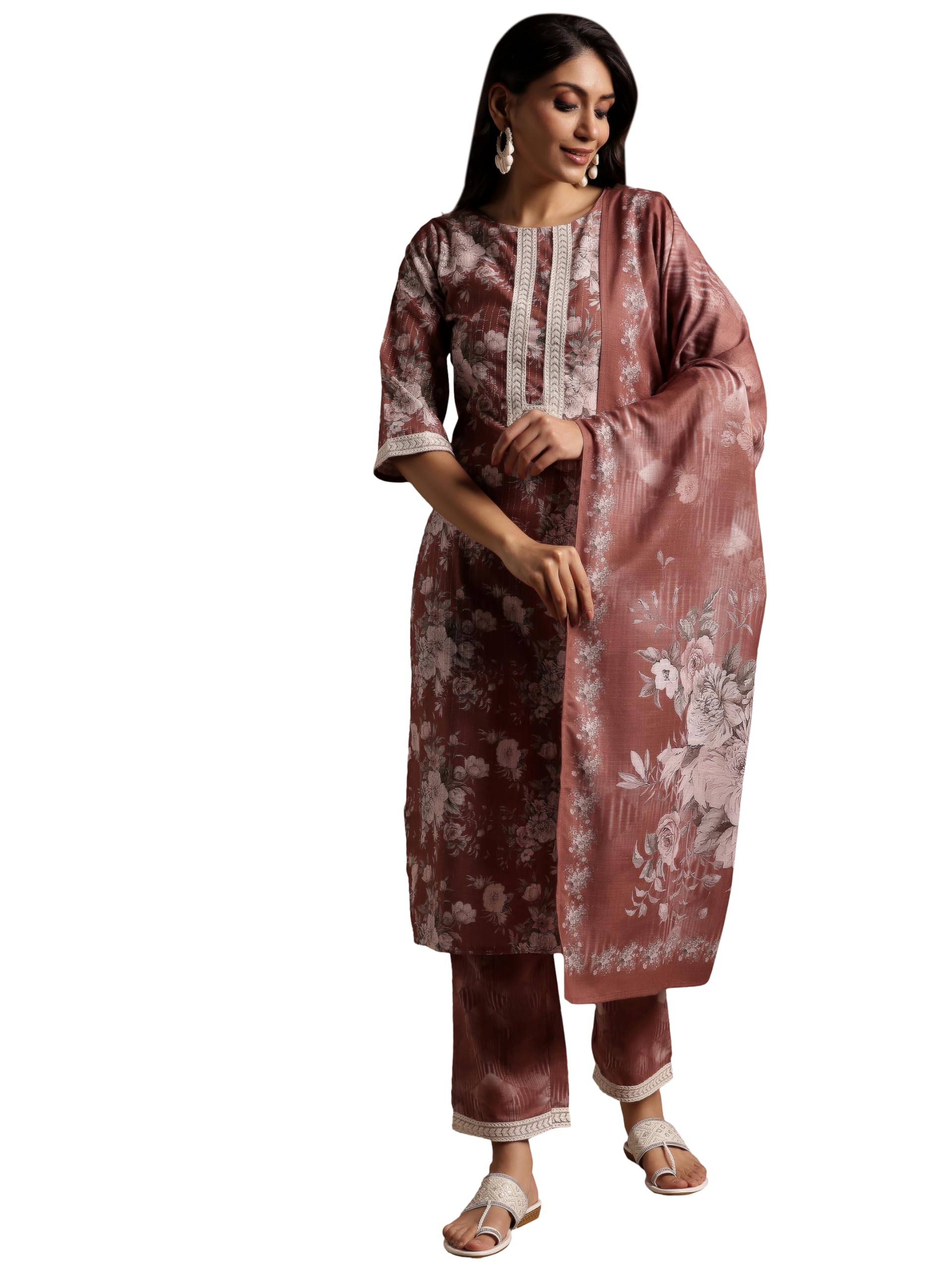 Libas Women Cotton Brown Printed Straight Kurta With Palazzos & Dupatta, Medium