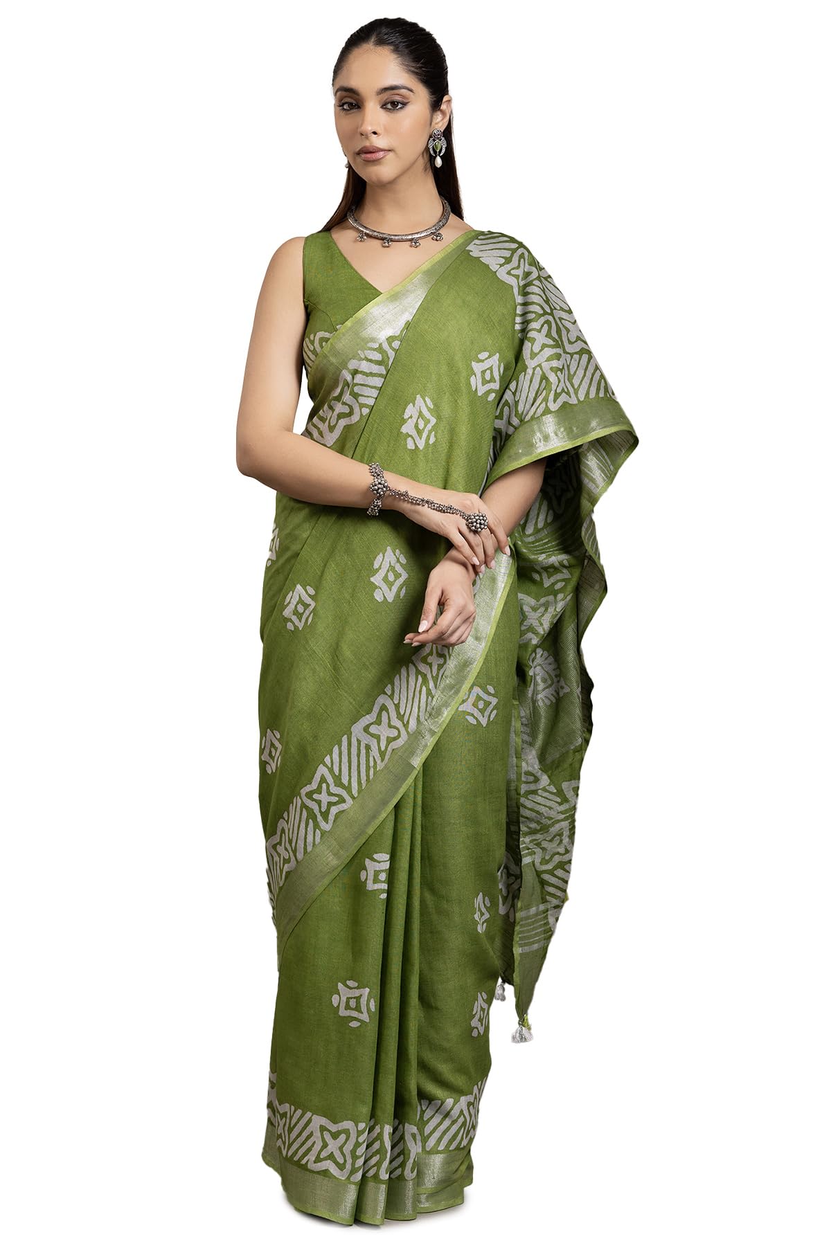Soch Women Linen Batik Print Saree with Tassels