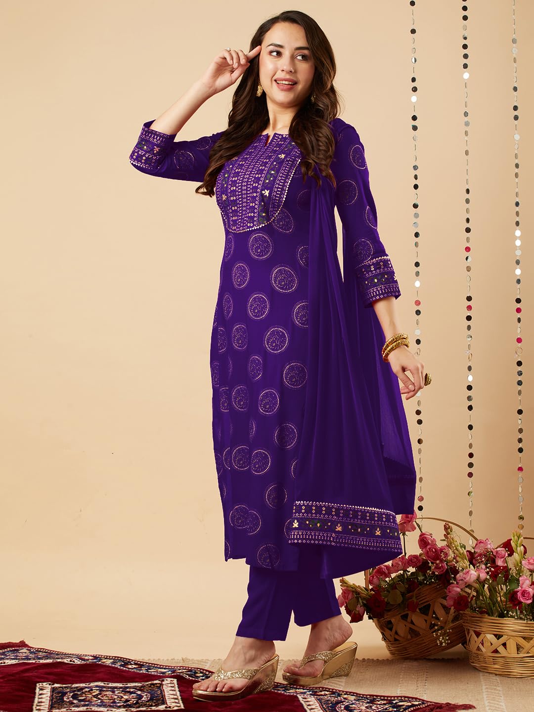 ANNI DESIGNER Womens Rayon Viscose Printed Straight Kurta with Pant & Dupatta (Nov Begani-VKS01_XL_Begani_X-Large)
