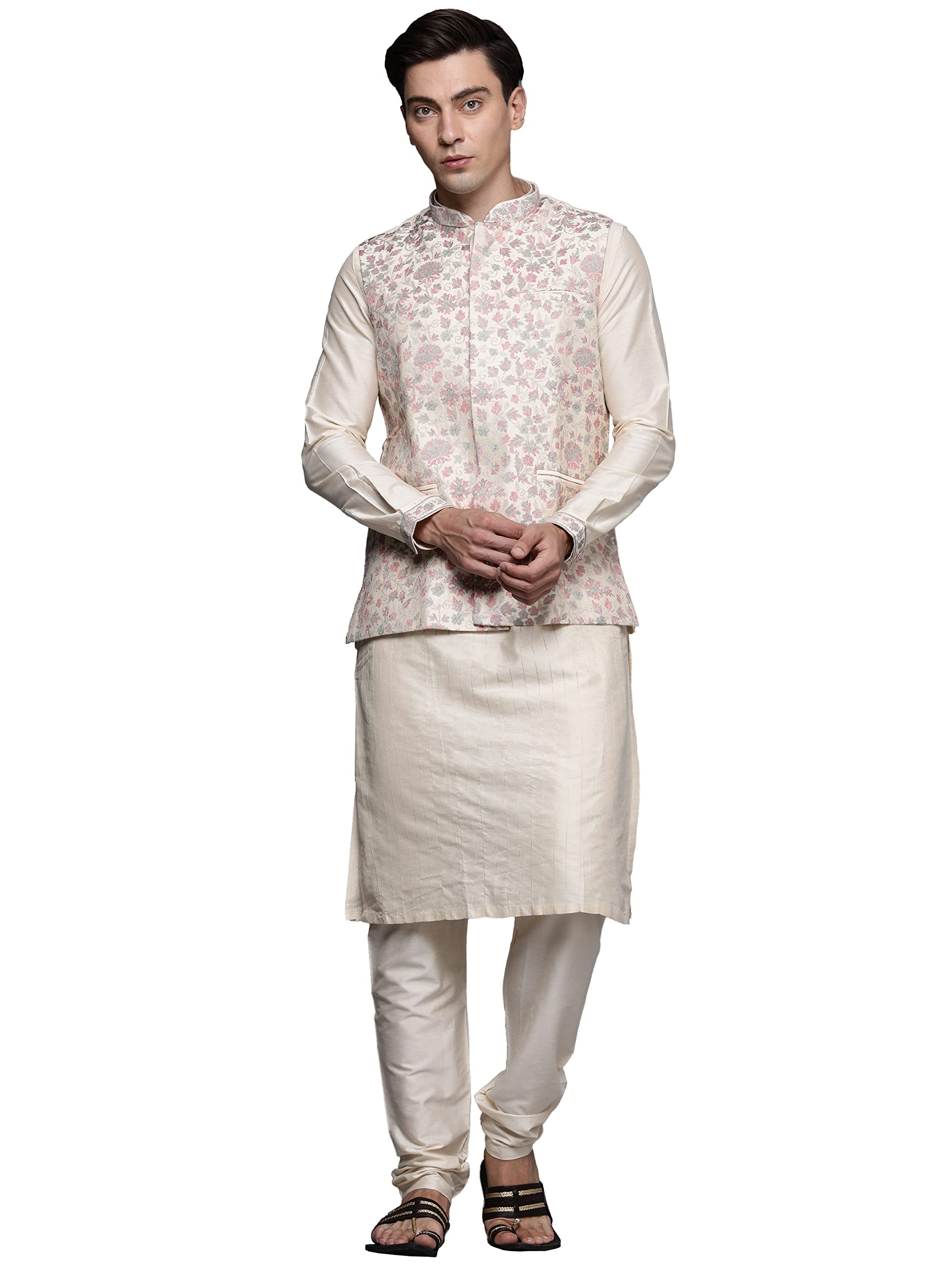 Manyavar Kurta Jacket Set for Men, Full Sleeves Mandarin Collar Ethnic Kurta Jacket Set Blended Viscose (Cream, XL)